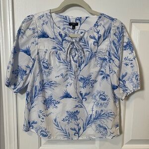 Talbots Tie Front Top  Ocean Flora Petite Blue White P252075423 Cotton Elbow